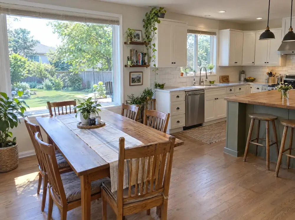 A bright family kitchen and dining area